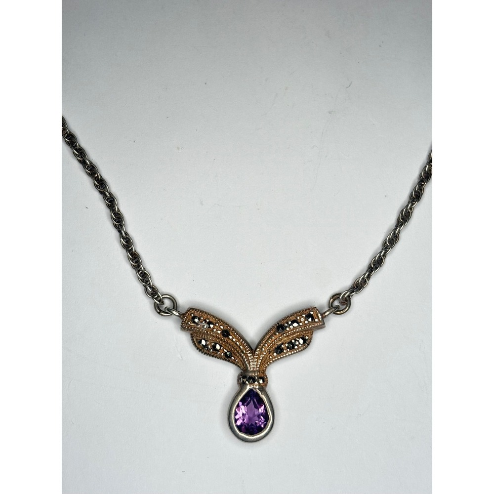 Vintage 925 Sterling Silver Amethyst Marcasite V Pendant Rope Chain Necklace 17"